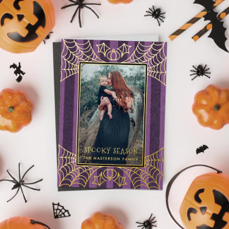 Purple stripe spiderwebs Halloween photo Foil Holiday Card