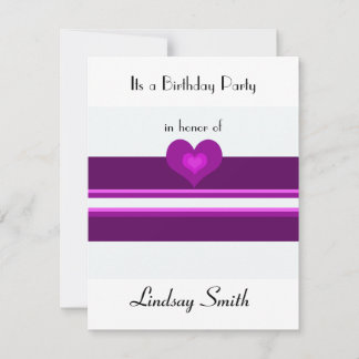 Purple Stripe With Heart Birthday Invitation