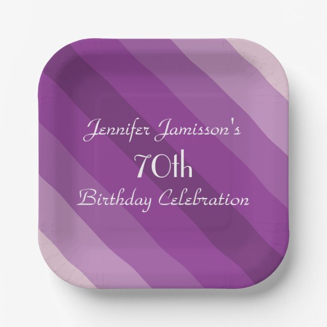 Purple Striped 70th Birthday Party Name Simple Paper Plates (Front)