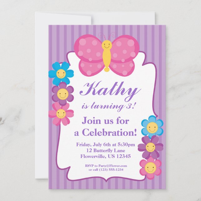 Purple Striped Butterfly Birthday Party Invitation (Front)