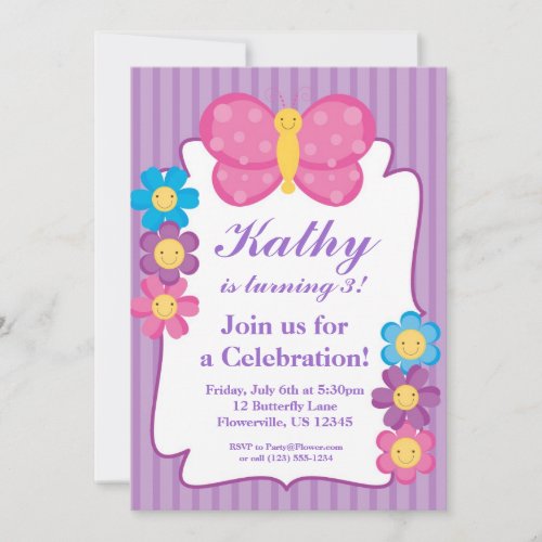 Purple Striped Butterfly Birthday Party Invitation
