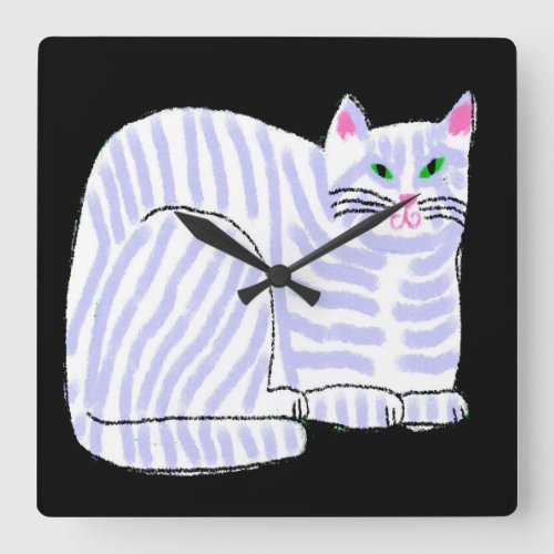 Purple Striped Cat Abstract Art Square Wall Clock