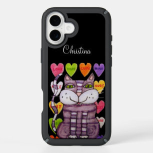 Purple striped Cat Candy Hearts with Sayings Black iPhone 16 Plus Case
