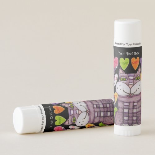 Purple Striped Cat Colorful Candy Hearts Black Lip Balm