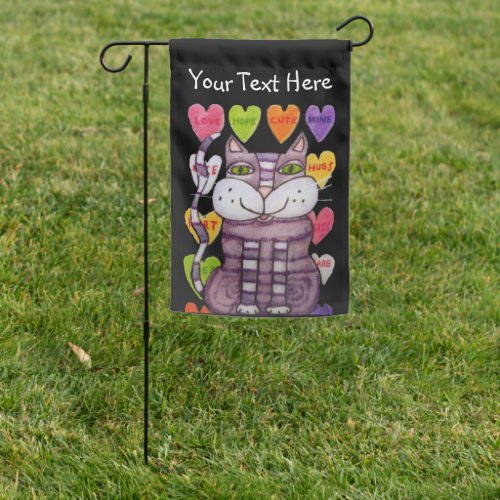 Purple Striped Cat Colorful Candy Hearts Love Word Garden Flag