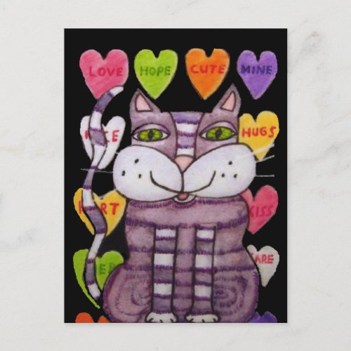 Purple Striped Cat Green Eyes Bright Candy Hearts Postcard