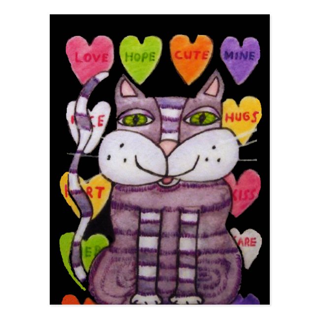 Purple Striped Cat Green Eyes Bright Candy Hearts