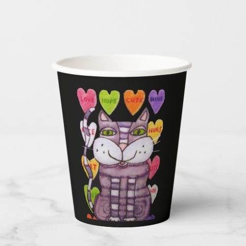 Purple Striped Cat Green Eyes Candy Hearts Black Paper Cups