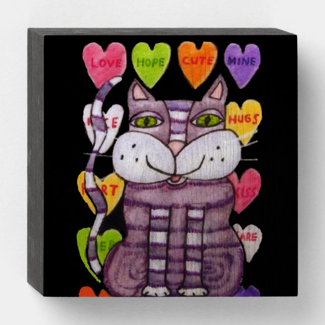 Purple Striped Cat Green Eyes Candy Hearts black Wooden Box Sign (Front Horizontal)