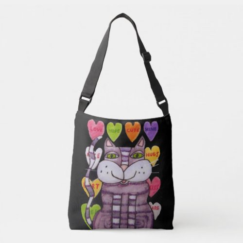 Purple Striped Cat Green eyes on Candy hearts Crossbody Bag