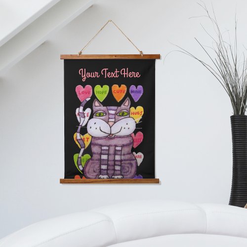 Purple Striped Cat Valentine Candy Hearts Black Hanging Tapestry