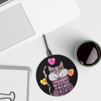Purple Striped Cat Valentine Candy Hearts on black Wireless Charger