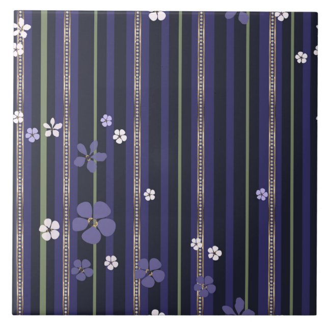 Purple Striped Floral Ceramic Tile (Front)