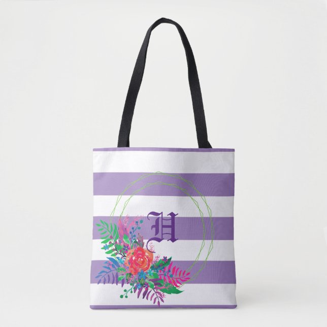 purple striped floral personalized tote bag (Front)