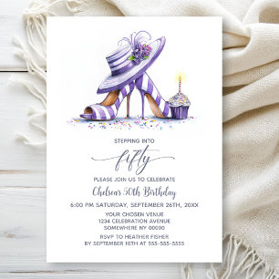 Purple Striped High Heel Shoes 50th Birthday Party Invitation