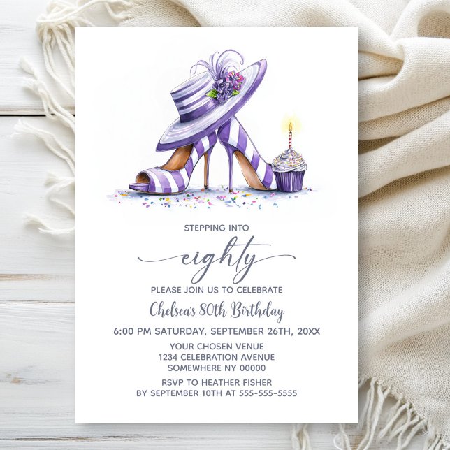 Purple Striped High Heel Shoes 80th Birthday Party Invitation (Creator Uploaded)
