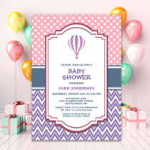 Purple Striped Hot Air Balloon Baby Shower Invitation