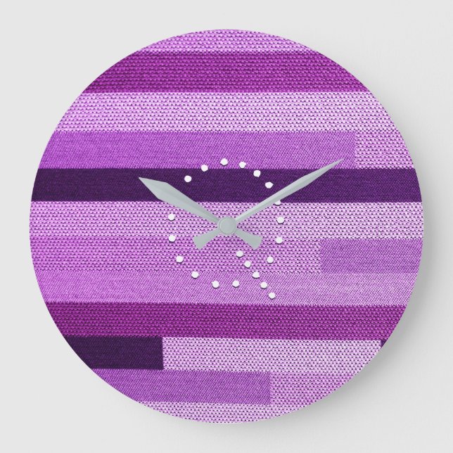 Purple Striped Knitted Fabric Monogram Customized Large Clock (Front)