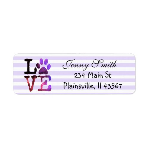 Purple Striped Love Paw Print Return Address Label