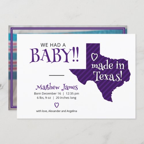 Purple Striped Made in Texas Photo Baby Announcement