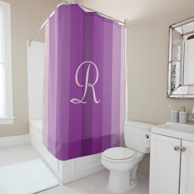 Purple Striped Pale Purple Monogram Monogrammed Shower Curtain (In Situ)