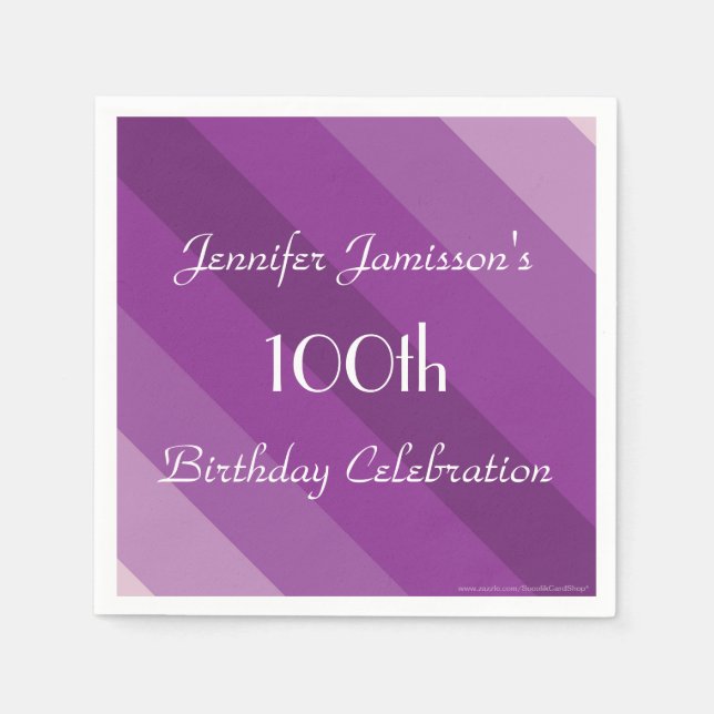 Purple Striped Paper Napkins, 100th Birthday Party Napkins (Front)
