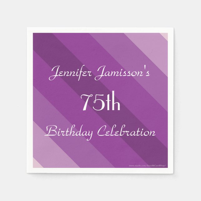 Purple Striped Paper Napkins, 75th Birthday Party Napkins (Front)