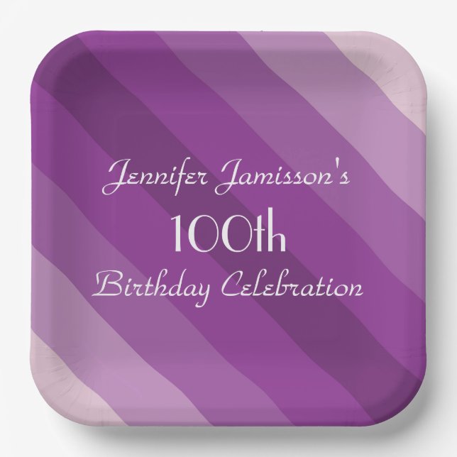 Purple Striped Paper Plates, 100th Birthday Party Paper Plates (Front)