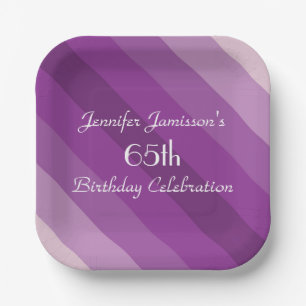 Purple Striped Paper Plates, 65th Birthday Party Plates