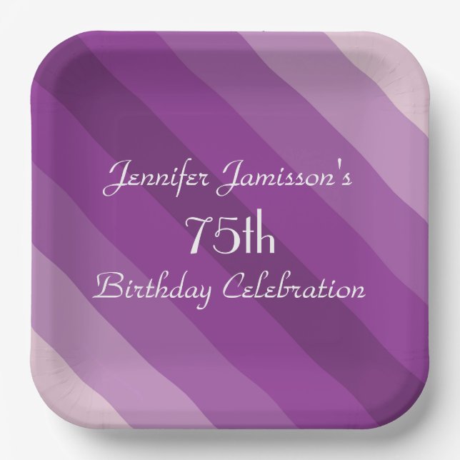 Purple Striped Paper Plates, 75th Birthday Party Paper Plates (Front)