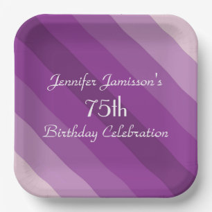 Purple Striped Paper Plates, 75th Birthday Party Plates