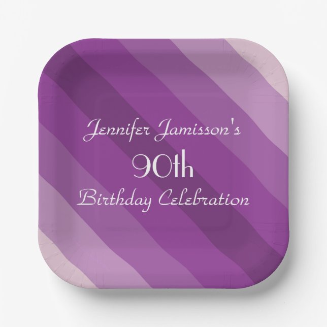 Purple Striped Paper Plates, 90th Birthday Party Plates (Front)