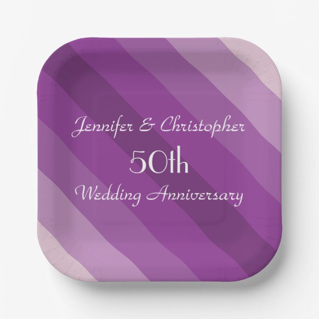 Purple Striped Plates, 50th Wedding Anniversary Paper Plates (Front)