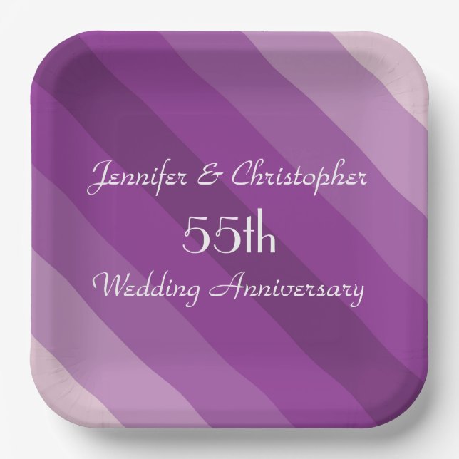 Purple Striped Plates, 55th Wedding Anniversary Paper Plates (Front)