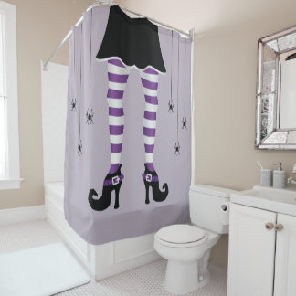 Purple Striped Witch Legs And Spiders Halloween Shower Curtain