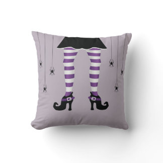 Purple Striped Witch Legs And Spiders Halloween Throw Pillow