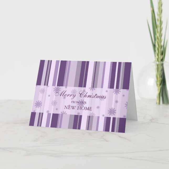 Purple Stripes and Snow New Address Christmas Card (Front)