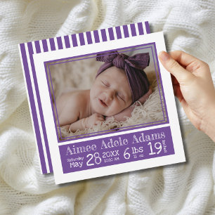 Purple Stripes Baby Photo  Birth Stats Announcement