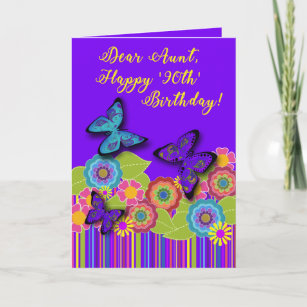 Purple, Stripes, Flowers, Butterflies   90th Aunt Card