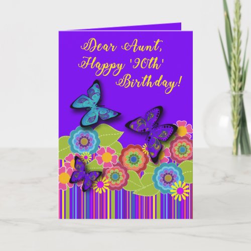 Purple Stripes Flowers Butterflies  90th Aunt Card