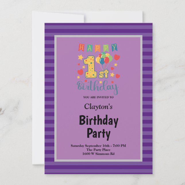 Purple Stripes Framed 1st Birthday Party Invitation (Front)