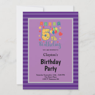 Purple Stripes Framed 5th Birthday Party Invitation