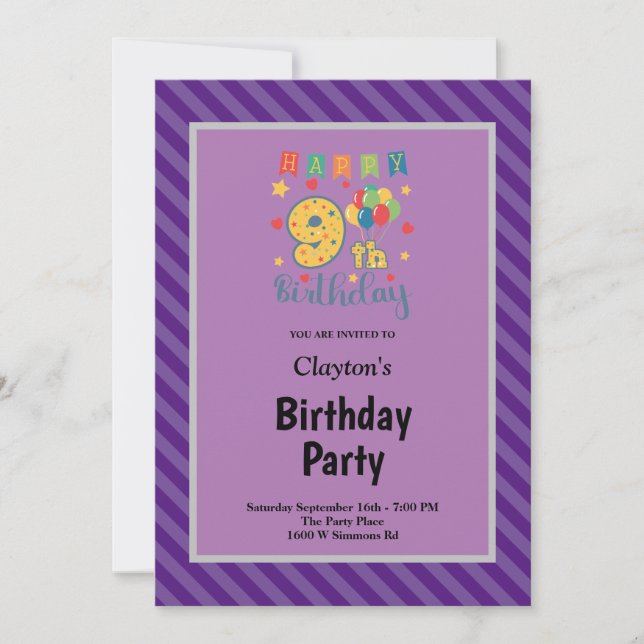 Purple Stripes Framed 9th Birthday Party Invitation (Front)