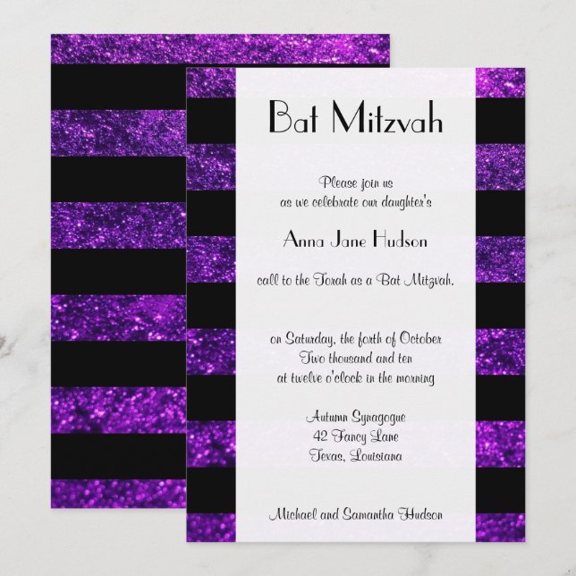 Purple Stripes, Glitter Stripes, Bat Mitzvah Invitation (Front/Back)
