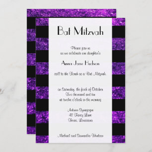 Purple Stripes, Glitter Stripes, Bat Mitzvah Invitation