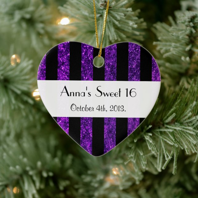 Purple Stripes, Glitter Stripes, Lines, Sweet 16 Ceramic Ornament (Tree)