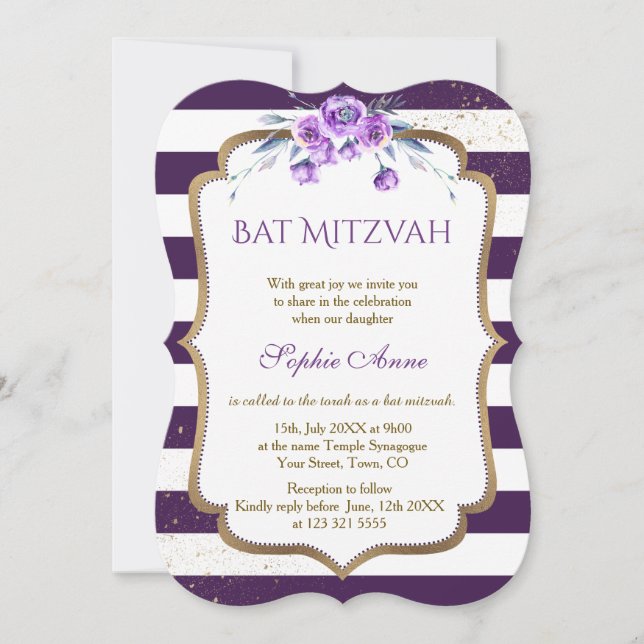Purple Stripes Gold Floral First Holy Communion Invitation (Front)