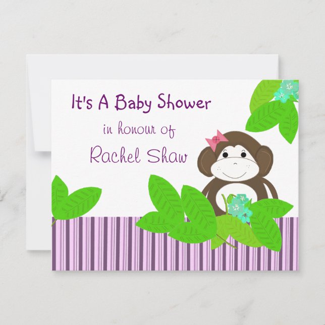 Purple Stripes Monkey Baby Shower Invitation (Front)