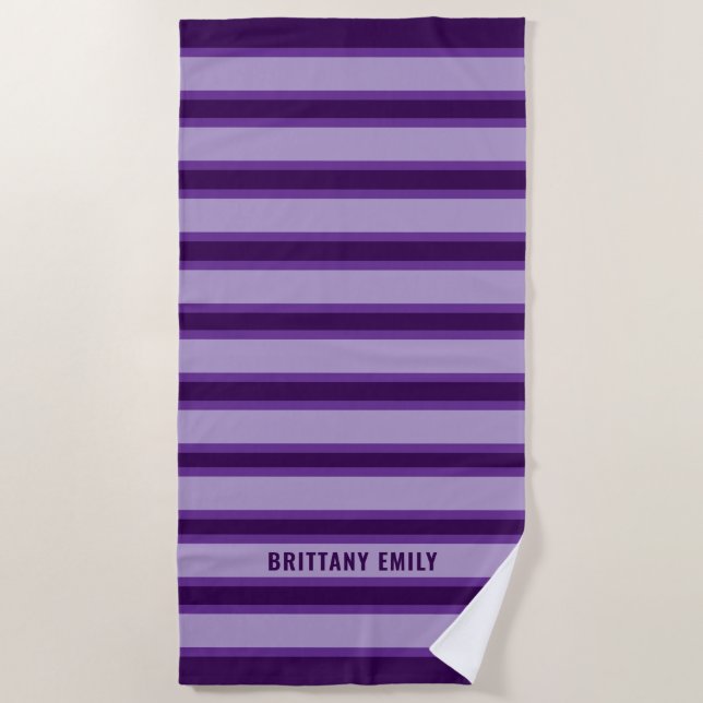 Purple Stripes Pattern Personalized Beach Towel (Front)