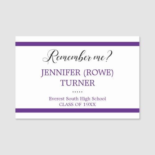 Purple Stripes Remember Me School Class Reunion Name Tag